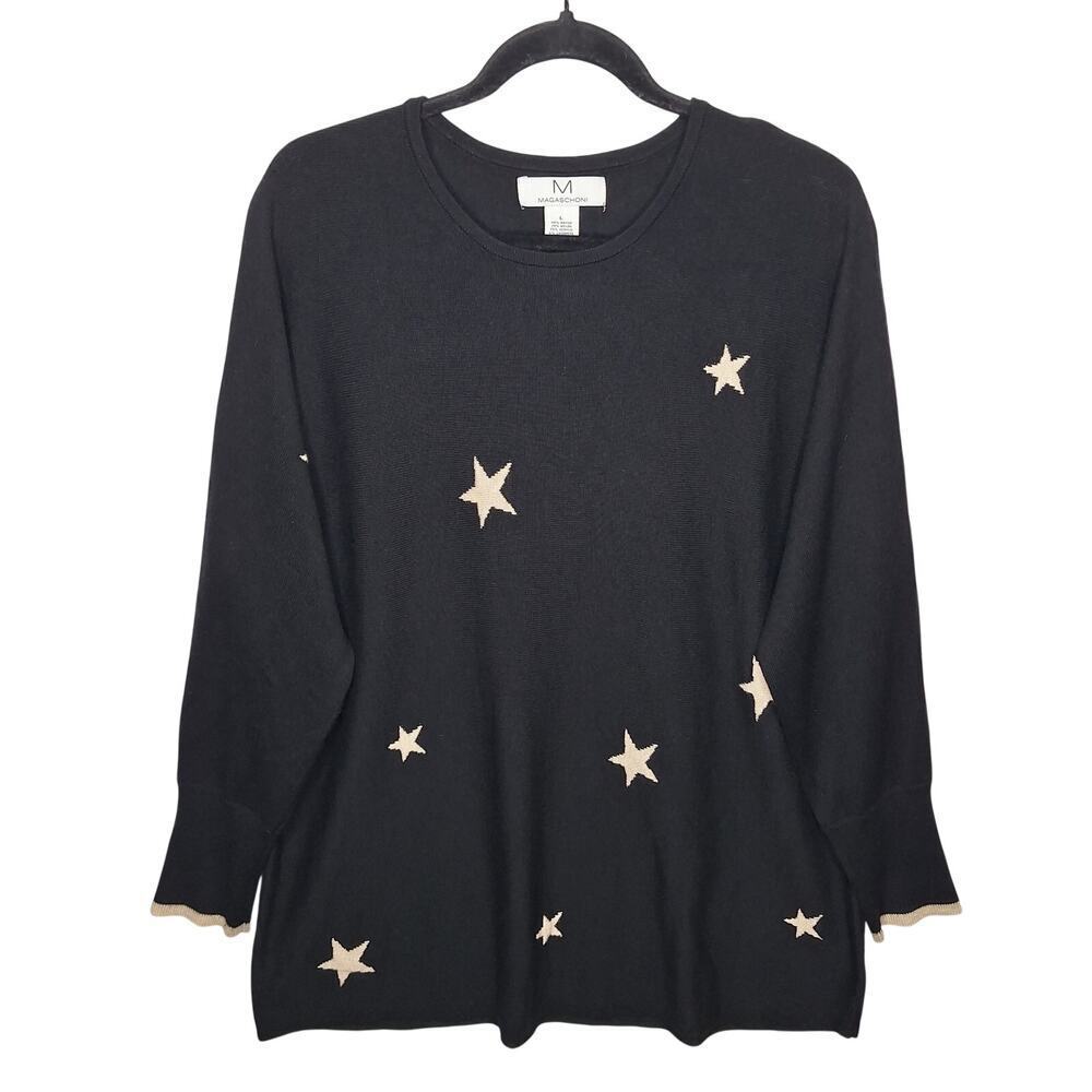 M Magaschoni Star Print Sweater Large Long Tunic Knit Cashmere Blend Black Cream